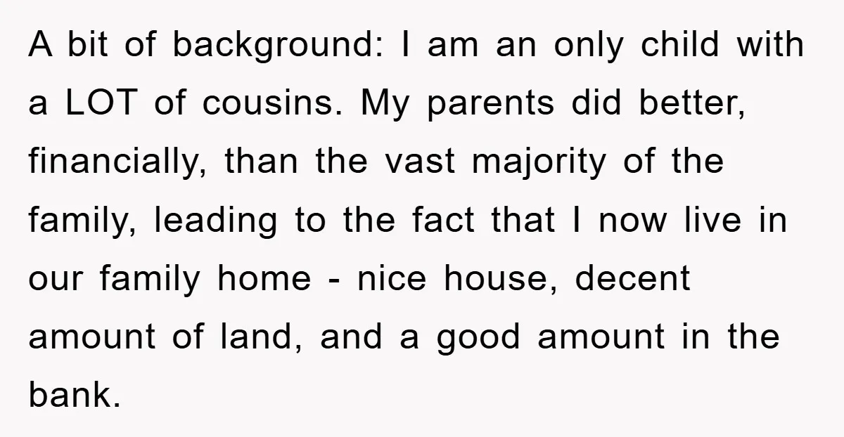 A bit of background: I am an only child with a LOT of cousins. My parents did better, financially, than the vast majority of the family, leading to the fact...
