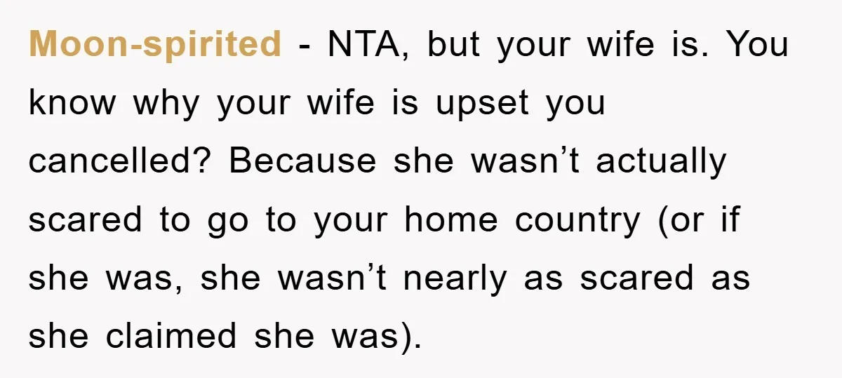 Moon-spirited − NTA, but your wife is. You know why your wife is upset you cancelled? Because she wasn’t actually scared to go to your home country (or if she...