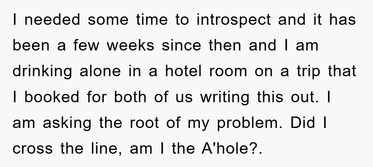I needed some time to introspect and it has been a few weeks since then and I am drinking alone in a hotel room on a trip that I booked...