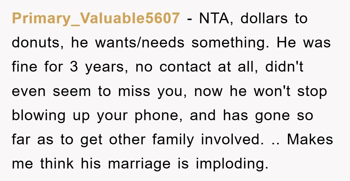 Primary_Valuable5607 − NTA, dollars to donuts, he wants/needs something. He was fine for 3 years, no contact at all, didn't even seem to miss you, now he won't stop blowing...