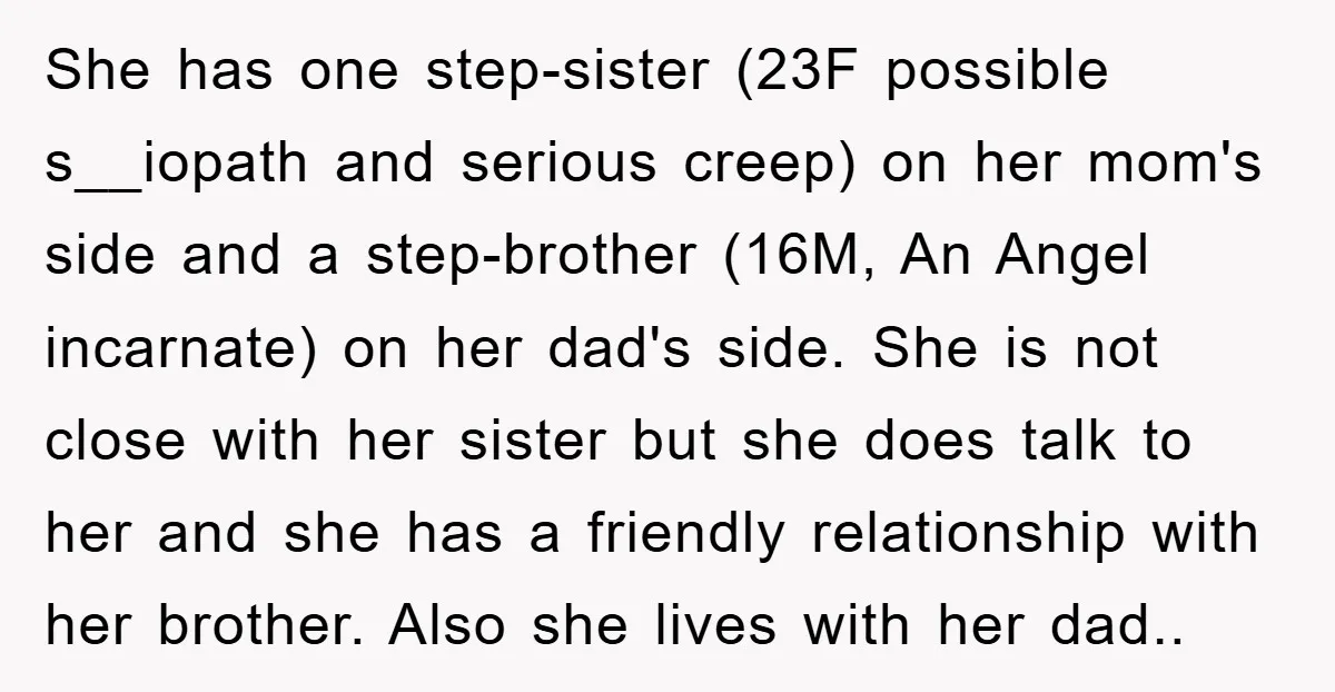 She has one step-sister (23F possible s__iopath and serious creep) on her mom's side and a step-brother (16M, An Angel incarnate) on her dad's side. She is not close with...
