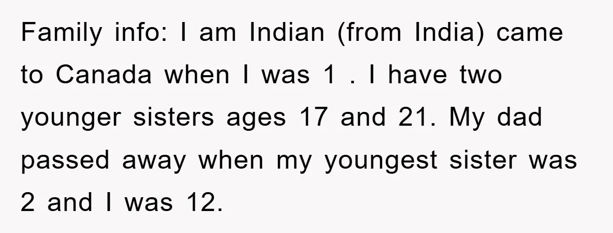 Family info: I am Indian (from India) came to Canada when I was 1 . I have two younger sisters ages 17 and 21. My dad passed away when my...