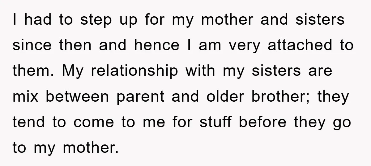 I had to step up for my mother and sisters since then and hence I am very attached to them. My relationship with my sisters are mix between parent and...
