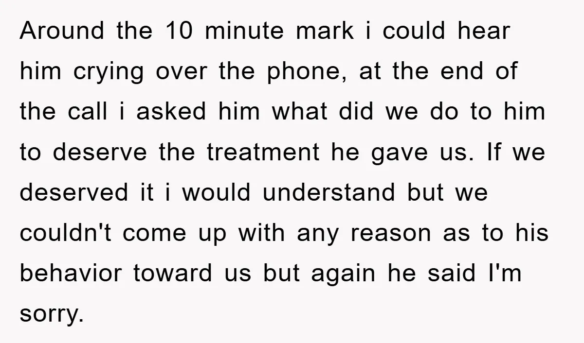 Around the 10 minute mark i could hear him crying over the phone, at the end of the call i asked him what did we do to him to deserve...