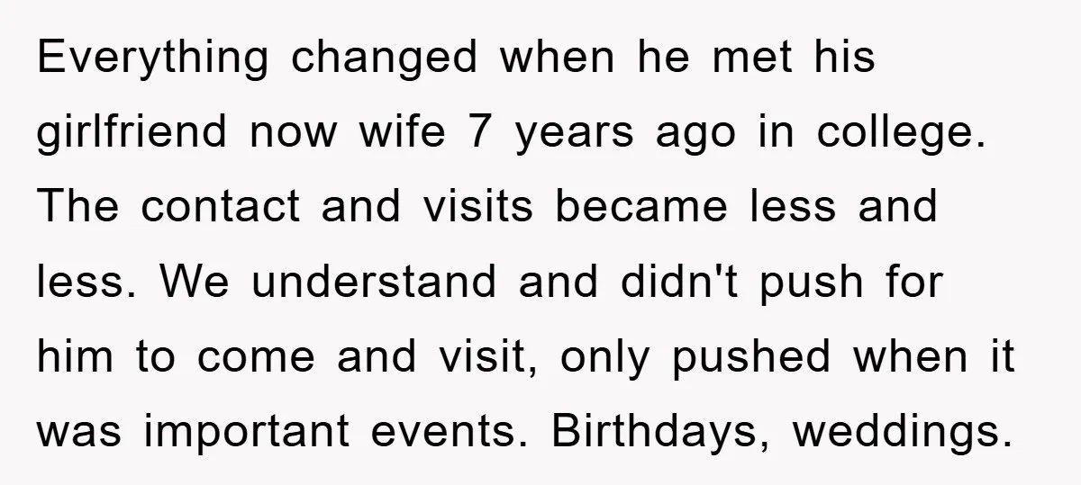 Everything changed when he met his girlfriend now wife 7 years ago in college. The contact and visits became less and less. We understand and didn't push for him to...