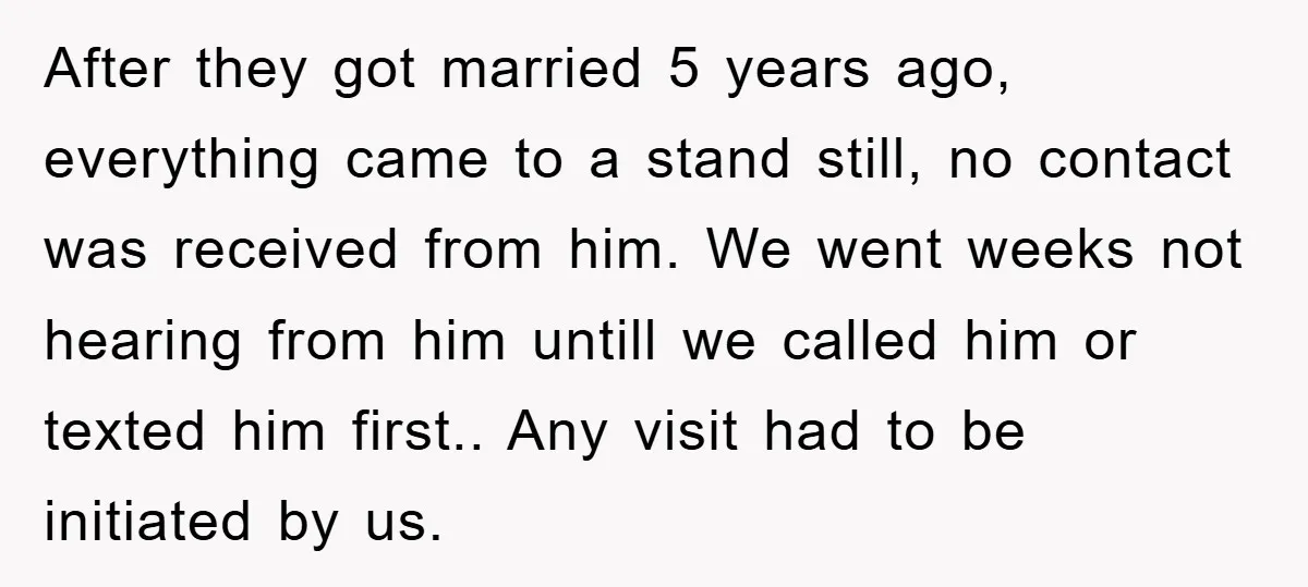 After they got married 5 years ago, everything came to a stand still, no contact was received from him. We went weeks not hearing from him untill we called him...