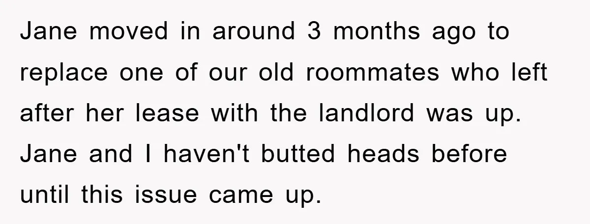 Jane moved in around 3 months ago to replace one of our old roommates who left after her lease with the landlord was up. Jane and I haven't butted heads...