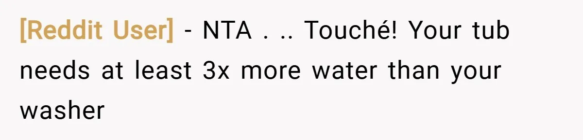 [Reddit User] − NTA . .. Touché! Your tub needs at least 3x more water than your washer