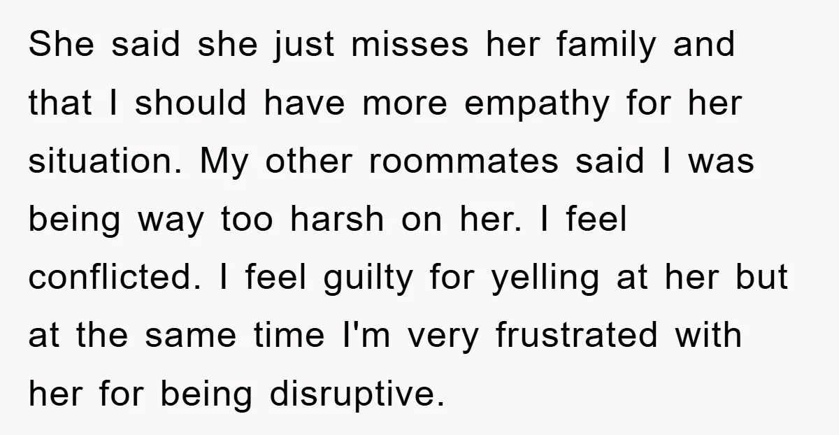 She said she just misses her family and that I should have more empathy for her situation. My other roommates said I was being way too harsh on her. I...
