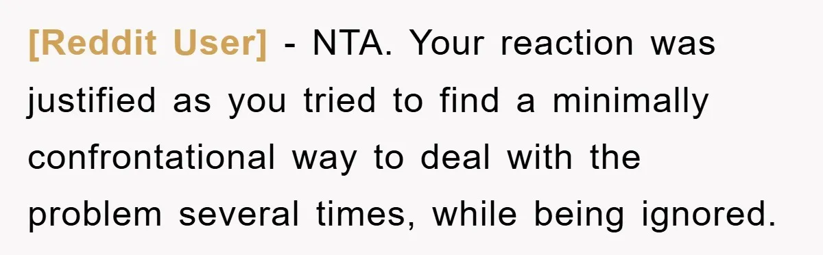 [Reddit User] − NTA. Your reaction was justified as you tried to find a minimally confrontational way to deal with the problem several times, while being ignored.