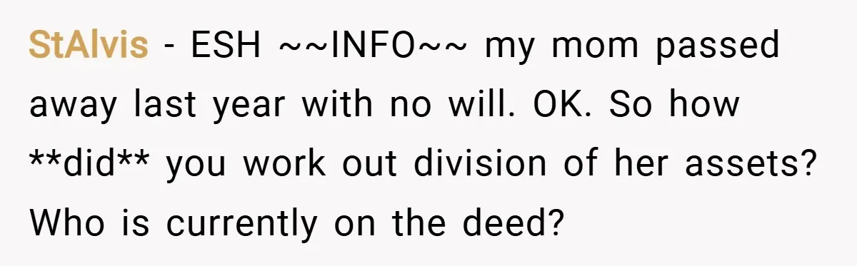 StAlvis − ESH ~~INFO~~ my mom passed away last year with no will. OK. So how **did** you work out division of her assets? Who is currently on the deed?