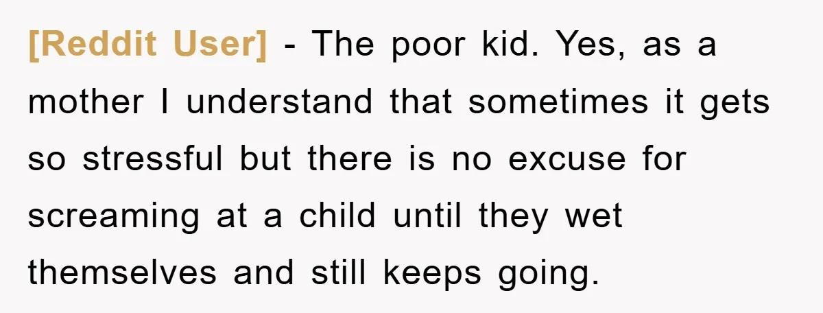 [Reddit User] − The poor kid. Yes, as a mother I understand that sometimes it gets so stressful but there is no excuse for screaming at a child until they...