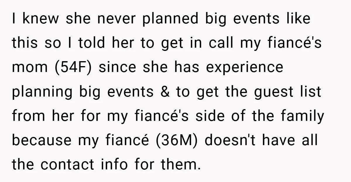I knew she never planned big events like this so I told her to get in call my fiancé's mom (54F) since she has experience planning big events & to...