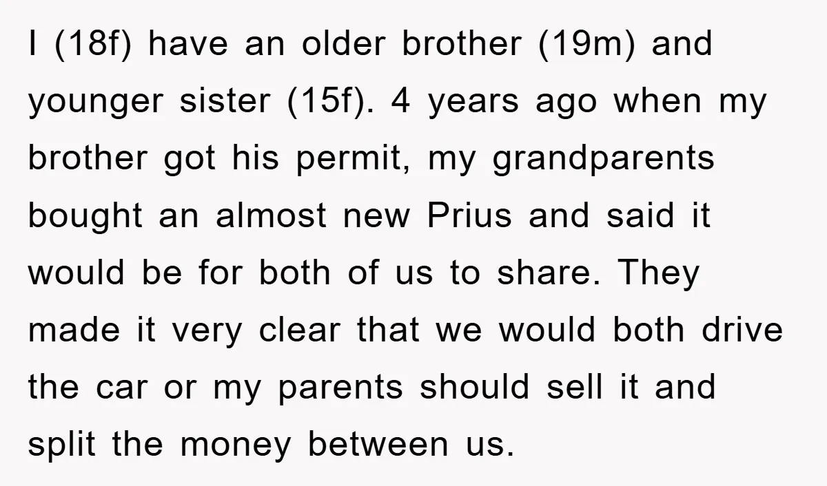 I (18f) have an older brother (19m) and younger sister (15f). 4 years ago when my brother got his permit, my grandparents bought an almost new Prius and said it...