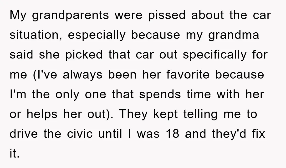 My grandparents were pissed about the car situation, especially because my grandma said she picked that car out specifically for me (I've always been her favorite because I'm the only...
