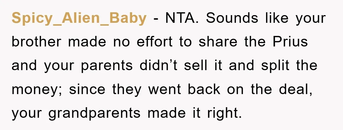 Spicy_Alien_Baby − NTA. Sounds like your brother made no effort to share the Prius and your parents didn’t sell it and split the money; since they went back on the...