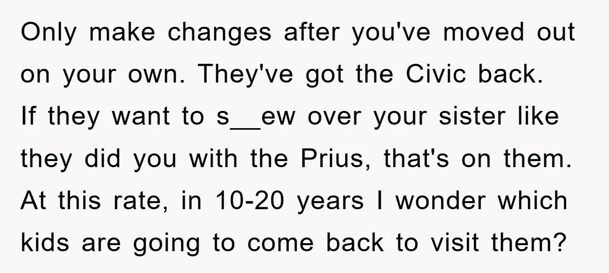 Only make changes after you've moved out on your own. They've got the Civic back. If they want to s__ew over your sister like they did you with the Prius,...