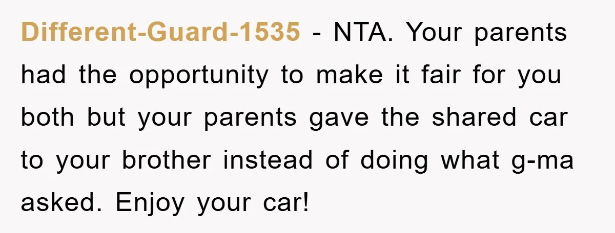 Different-Guard-1535 − NTA. Your parents had the opportunity to make it fair for you both but your parents gave the shared car to your brother instead of doing what g-ma...
