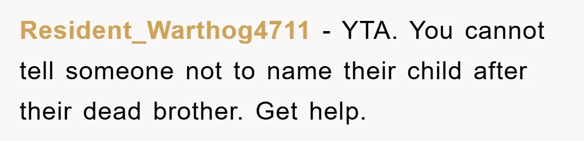 Resident_Warthog4711 − YTA. You cannot tell someone not to name their child after their dead brother. Get help.