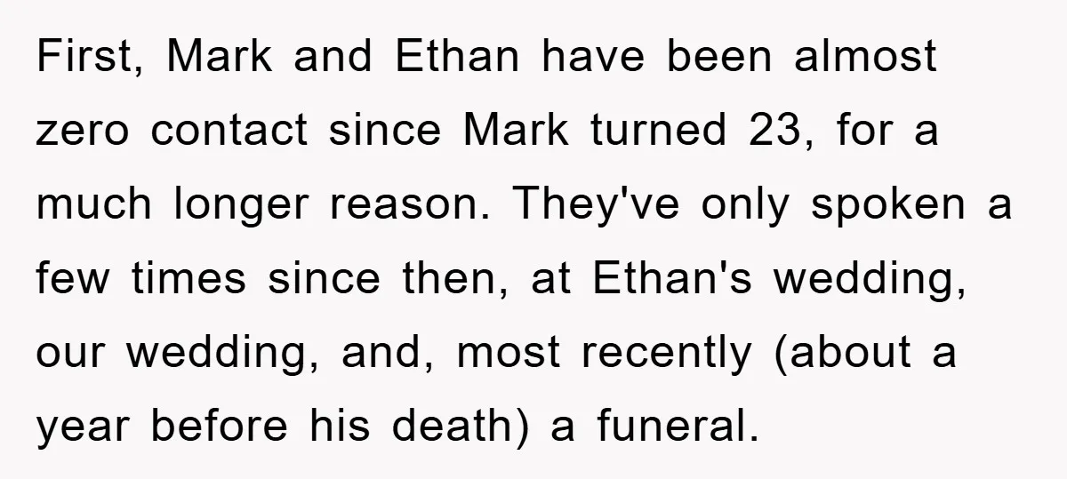 First, Mark and Ethan have been almost zero contact since Mark turned 23, for a much longer reason. They've only spoken a few times since then, at Ethan's wedding, our...