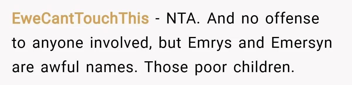 EweCantTouchThis − NTA. And no offense to anyone involved, but Emrys and Emersyn are awful names. Those poor children.