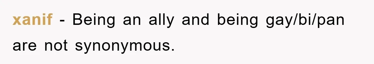xanif − Being an ally and being gay/bi/pan are not synonymous.