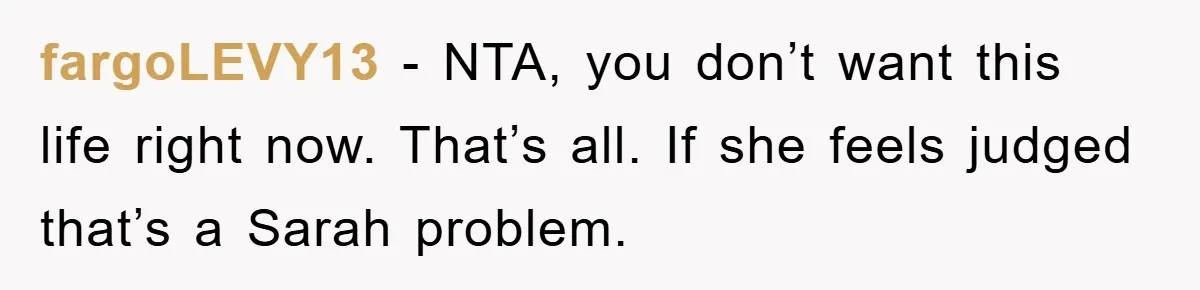 fargoLEVY13 − NTA, you don’t want this life right now. That’s all. If she feels judged that’s a Sarah problem.
