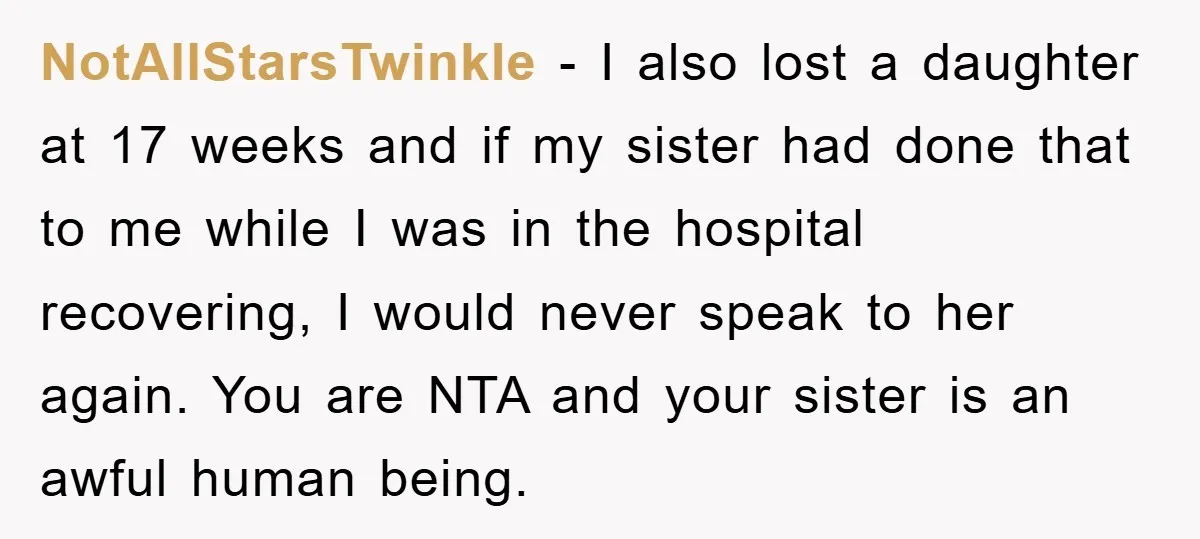 NotAllStarsTwinkle − I also lost a daughter at 17 weeks and if my sister had done that to me while I was in the hospital recovering, I would never speak...