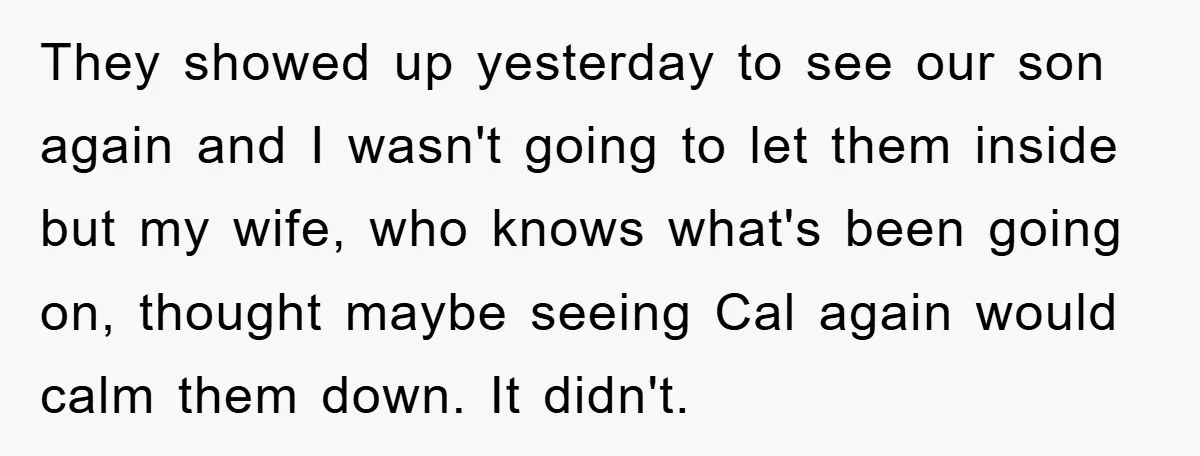 They showed up yesterday to see our son again and I wasn't going to let them inside but my wife, who knows what's been going on, thought maybe seeing Cal...