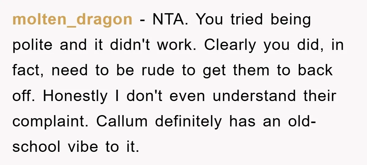 molten_dragon − NTA. You tried being polite and it didn't work. Clearly you did, in fact, need to be rude to get them to back off. Honestly I don't even...