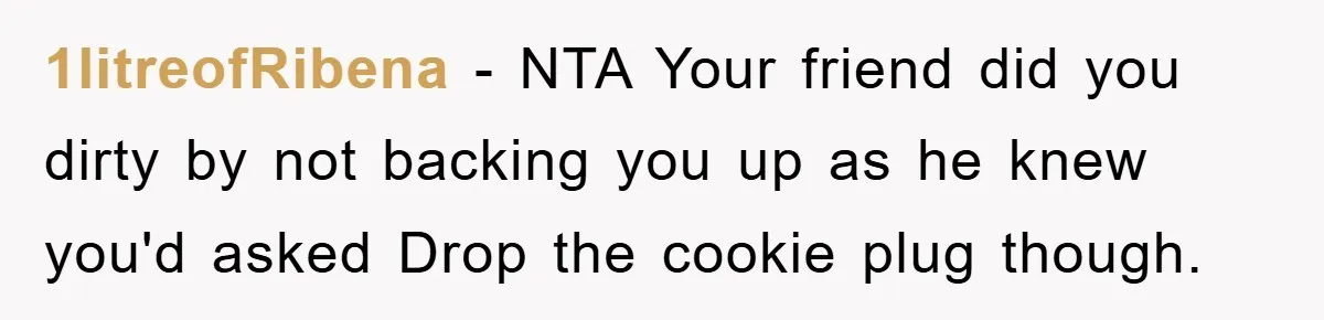 1litreofRibena − NTA Your friend did you dirty by not backing you up as he knew you'd asked Drop the cookie plug though.