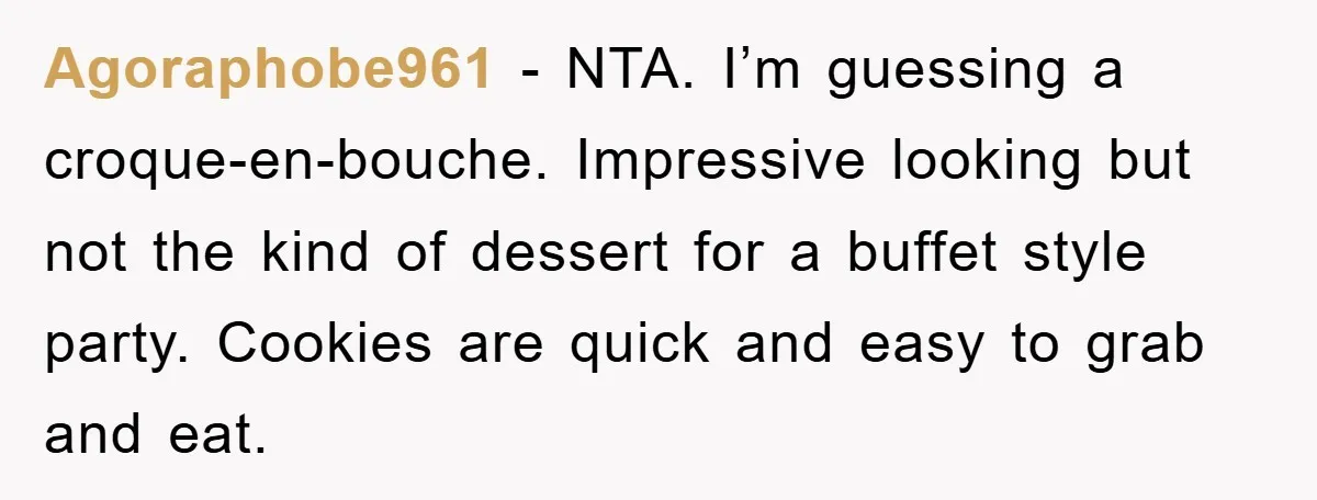 Agoraphobe961 − NTA. I’m guessing a croque-en-bouche. Impressive looking but not the kind of dessert for a buffet style party. Cookies are quick and easy to grab and eat.