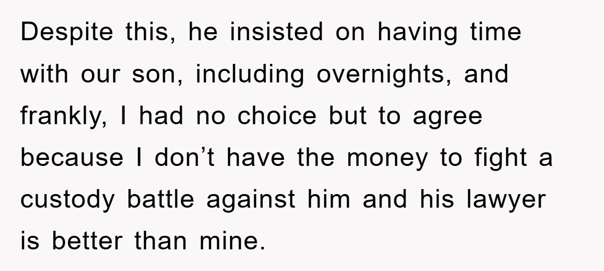Despite this, he insisted on having time with our son, including overnights, and frankly, I had no choice but to agree because I don’t have the money to fight a...
