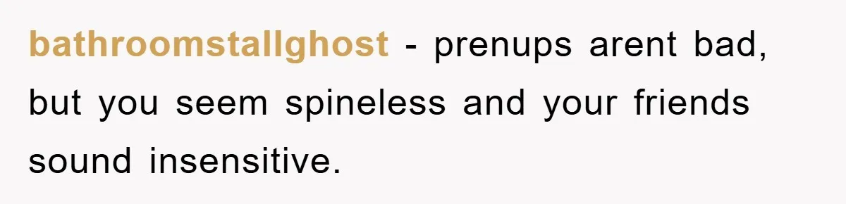 bathroomstallghost − prenups arent bad, but you seem spineless and your friends sound insensitive.