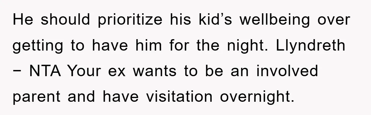 He should prioritize his kid’s wellbeing over getting to have him for the night. Llyndreth − NTA Your ex wants to be an involved parent and have visitation overnight.