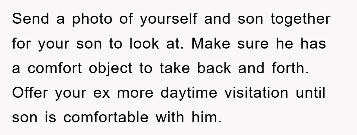 Send a photo of yourself and son together for your son to look at. Make sure he has a comfort object to take back and forth. Offer your ex more...