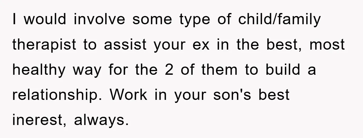 I would involve some type of child/family therapist to assist your ex in the best, most healthy way for the 2 of them to build a relationship. Work in your...