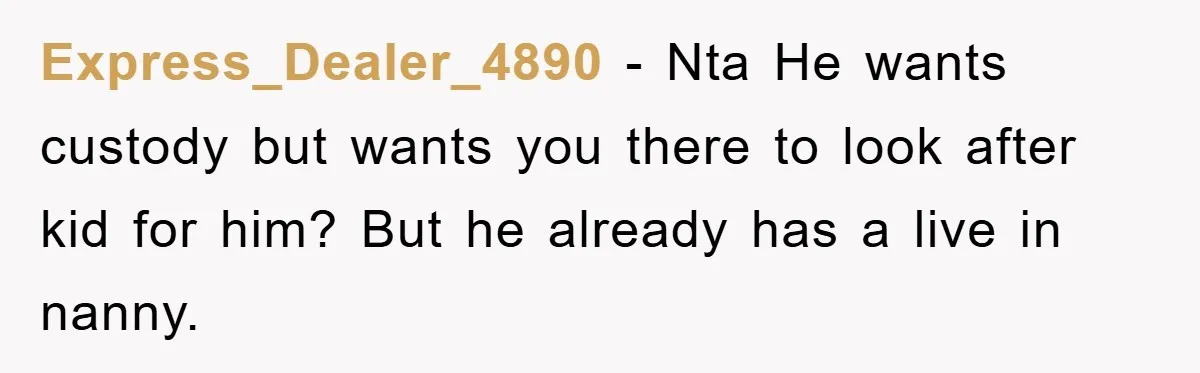 Express_Dealer_4890 − Nta He wants custody but wants you there to look after kid for him? But he already has a live in nanny.