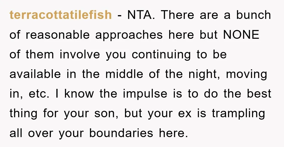 terracottatilefish − NTA. There are a bunch of reasonable approaches here but NONE of them involve you continuing to be available in the middle of the night, moving in, etc....