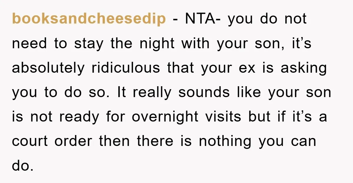 booksandcheesedip − NTA- you do not need to stay the night with your son, it’s absolutely ridiculous that your ex is asking you to do so. It really sounds like...