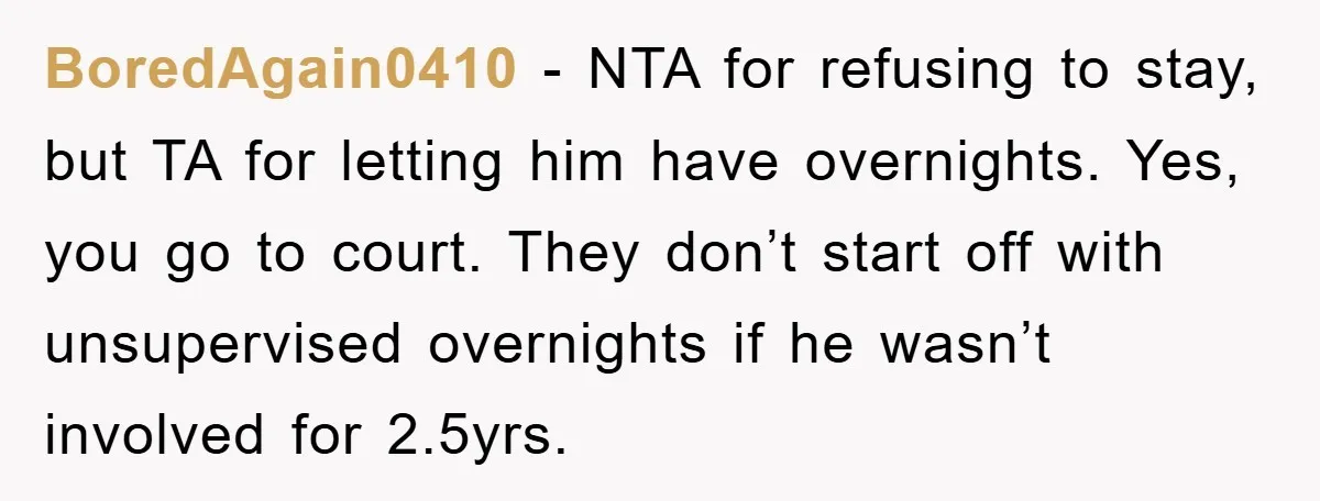 BoredAgain0410 − NTA for refusing to stay, but TA for letting him have overnights. Yes, you go to court. They don’t start off with unsupervised overnights if he wasn’t involved...