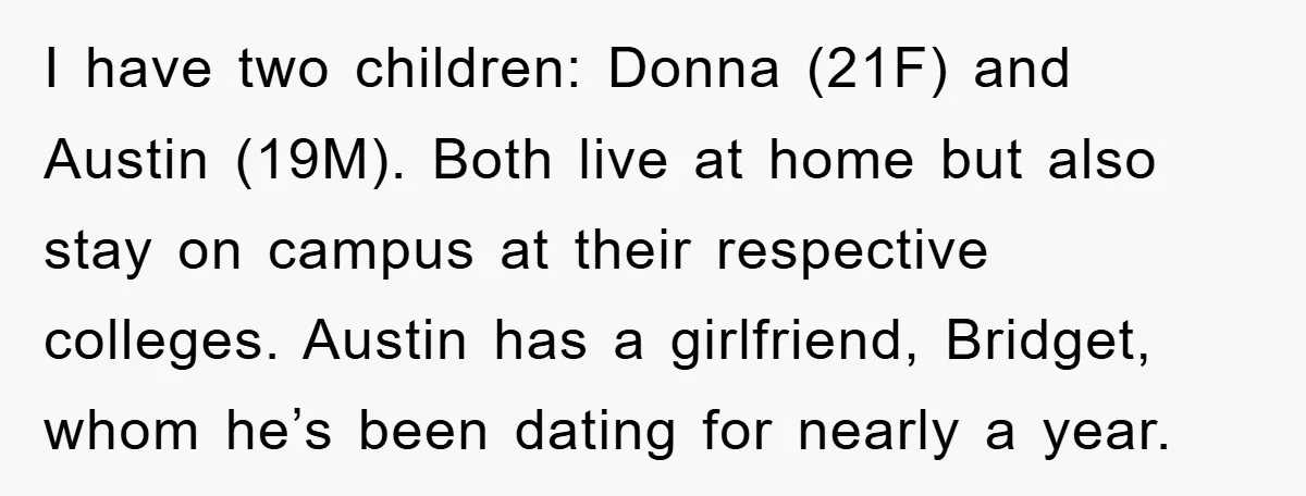 I have two children: Donna (21F) and Austin (19M). Both live at home but also stay on campus at their respective colleges. Austin has a girlfriend, Bridget, whom he’s been...