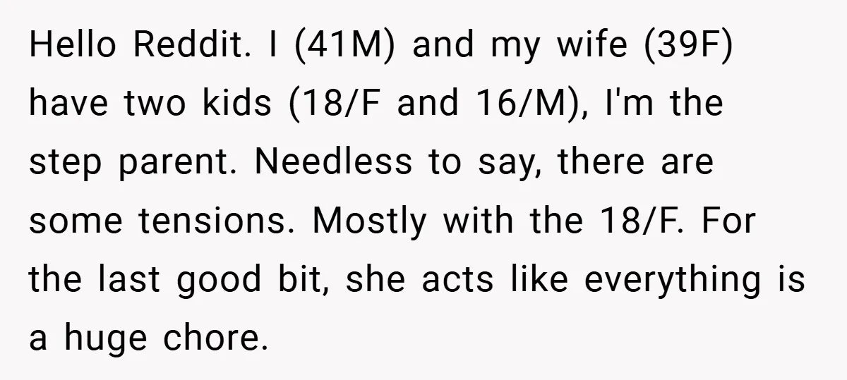 Hello Reddit. I (41M) and my wife (39F) have two kids (18/F and 16/M), I'm the step parent. Needless to say, there are some tensions. Mostly with the 18/F. For...