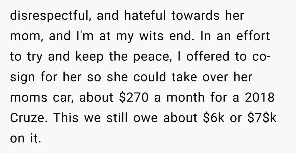 disrespectful, and hateful towards her mom, and I'm at my wits end. In an effort to try and keep the peace, I offered to co-sign for her so she could...