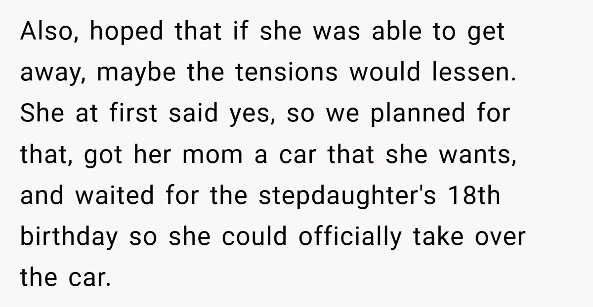 Also, hoped that if she was able to get away, maybe the tensions would lessen. She at first said yes, so we planned for that, got her mom a car...