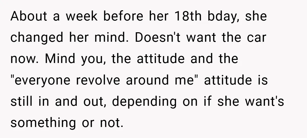 About a week before her 18th bday, she changed her mind. Doesn't want the car now. Mind you, the attitude and the "everyone revolve around me" attitude is still in...