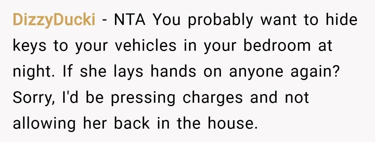 DizzyDucki − NTA You probably want to hide keys to your vehicles in your bedroom at night. If she lays hands on anyone again? Sorry, I'd be pressing charges and...