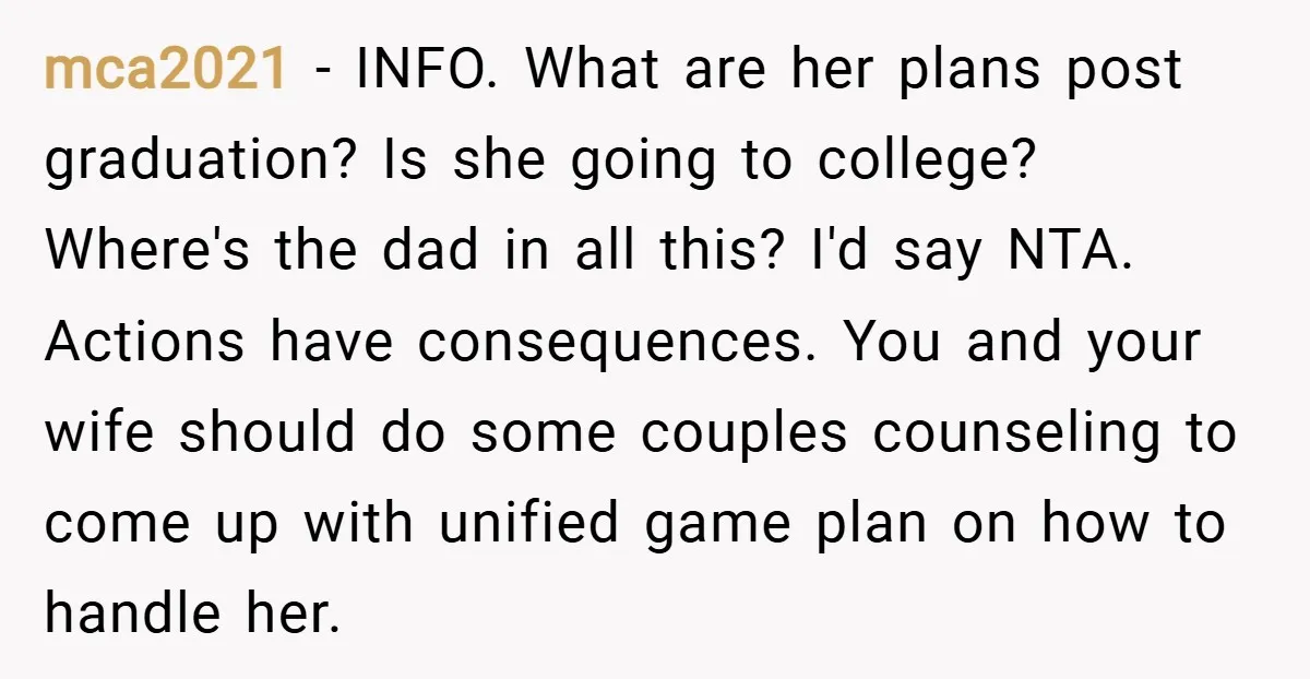 mca2021 − INFO. What are her plans post graduation? Is she going to college? Where's the dad in all this? I'd say NTA. Actions have consequences. You and your wife...