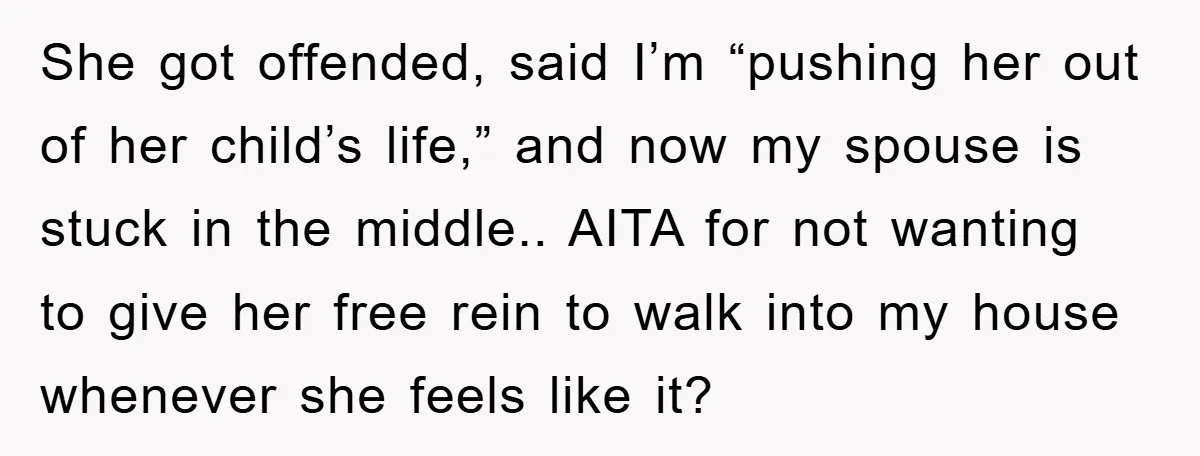 She got offended, said I’m “pushing her out of her child’s life,” and now my spouse is stuck in the middle.. AITA for not wanting to give her free rein...