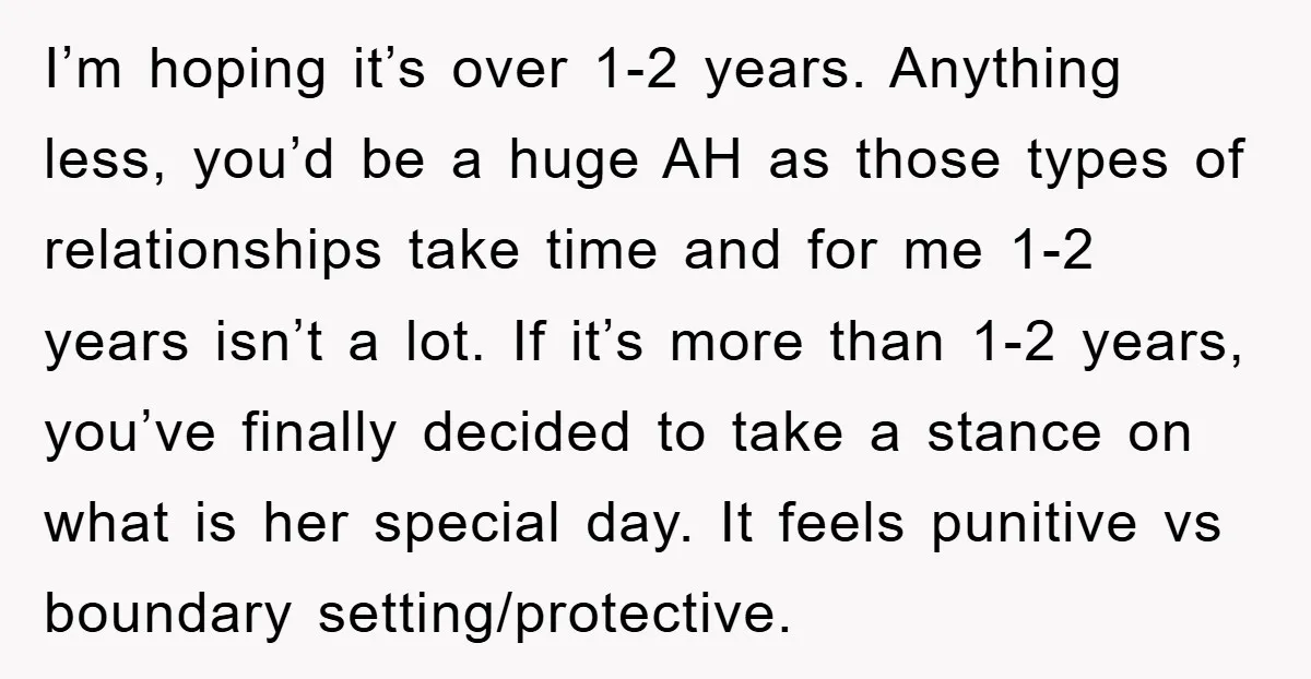 I’m hoping it’s over 1-2 years. Anything less, you’d be a huge AH as those types of relationships take time and for me 1-2 years isn’t a lot. If it’s...